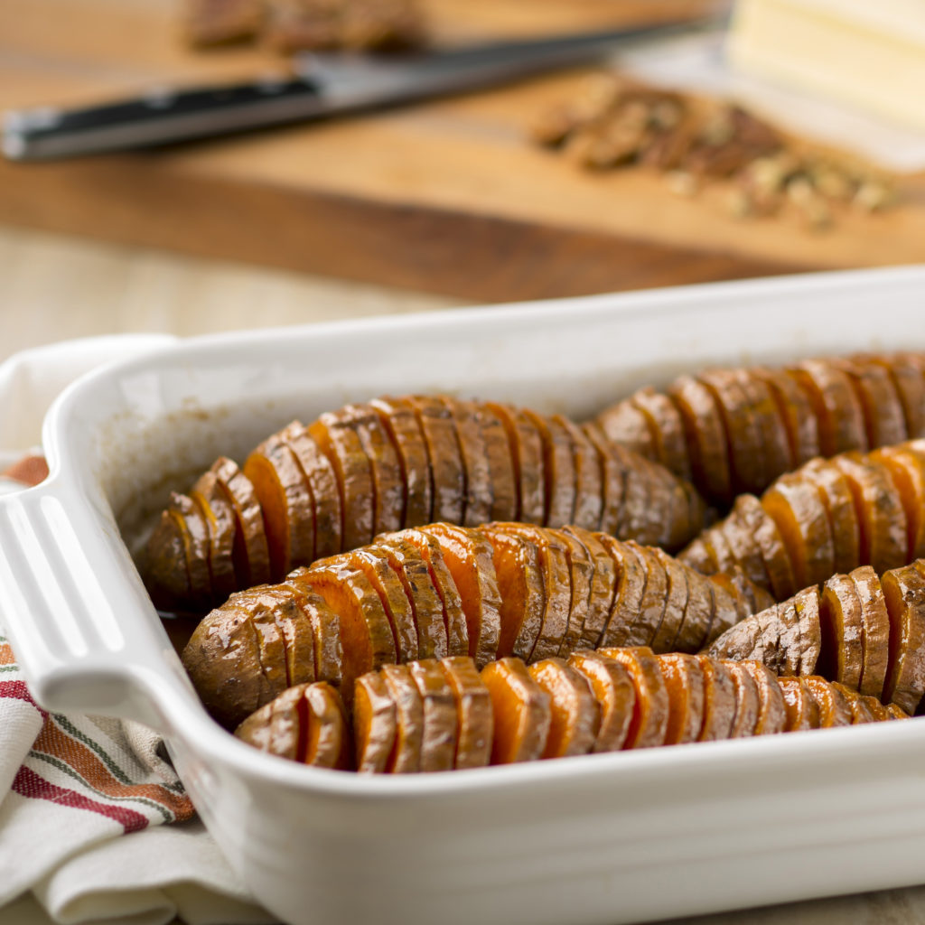 bourbon pecan hasselback sweet potatoes