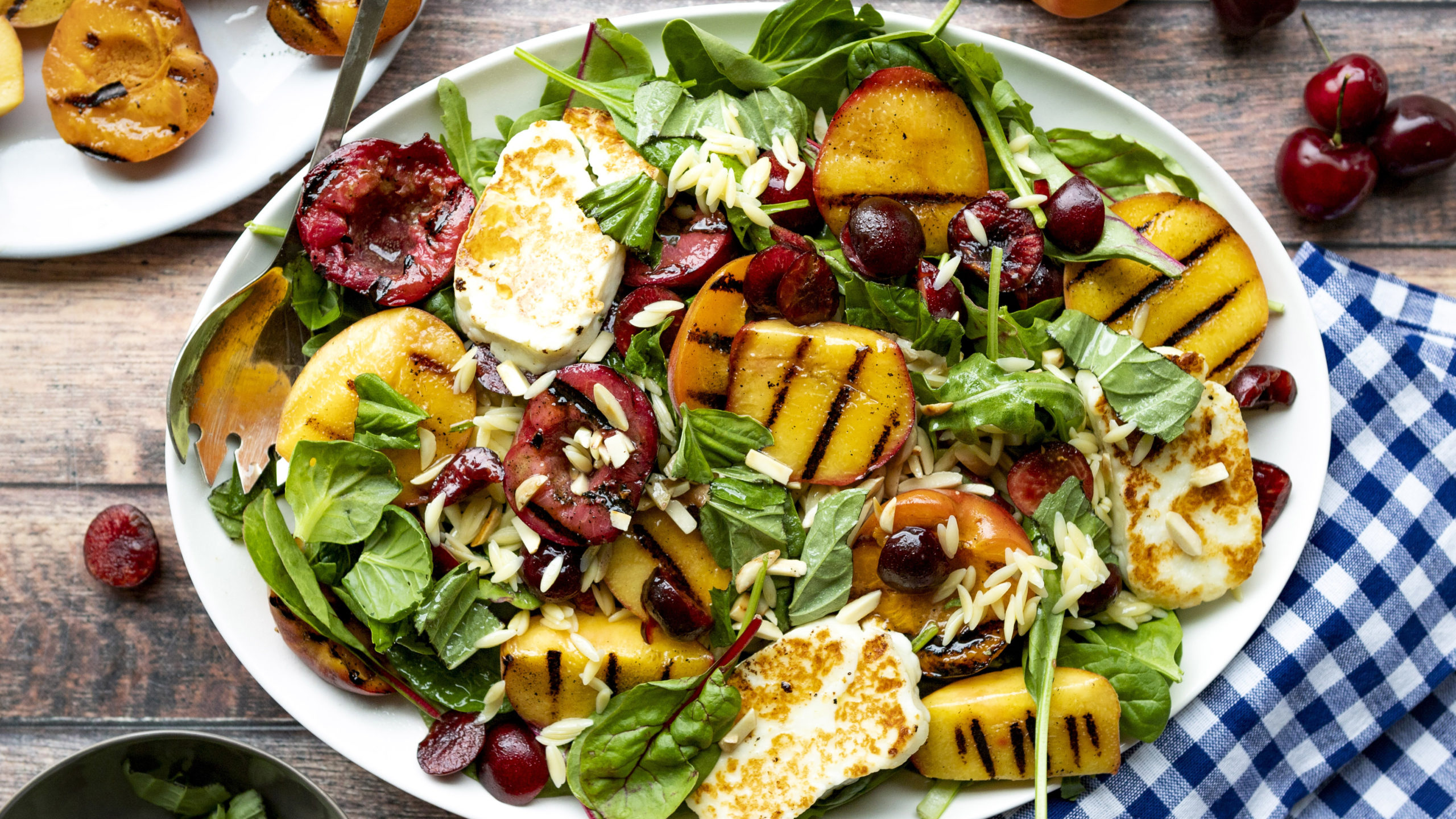 grilled halloumi and stone fruit orzo salad