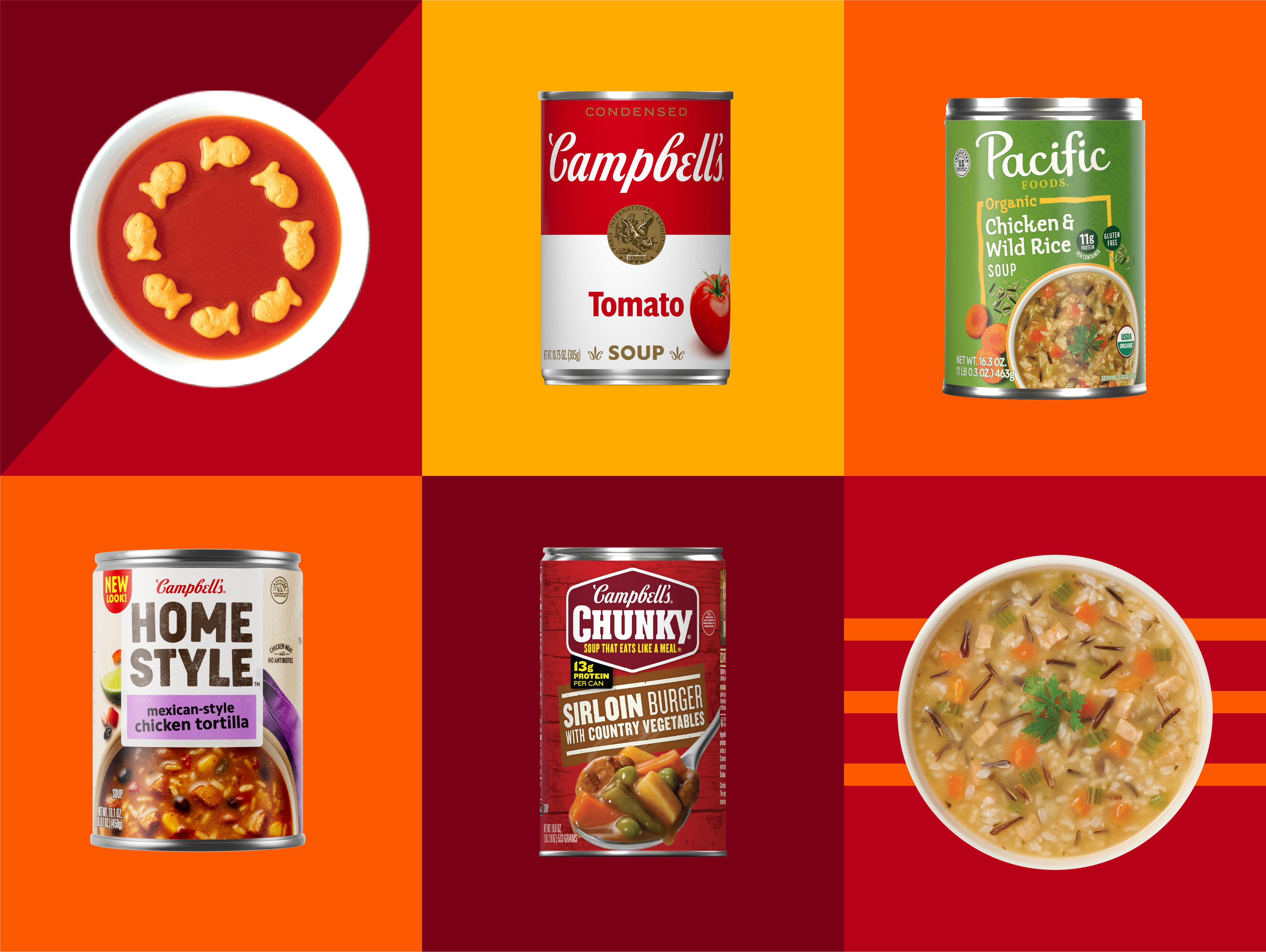 Collage of soup bowls and cans of Campbell's Tomato, Homestyle Mexican-style Chicken Tortilla, Chunky Sirloin Burger with Country Vegetables and Pacific Chicken & Wild Rice soups