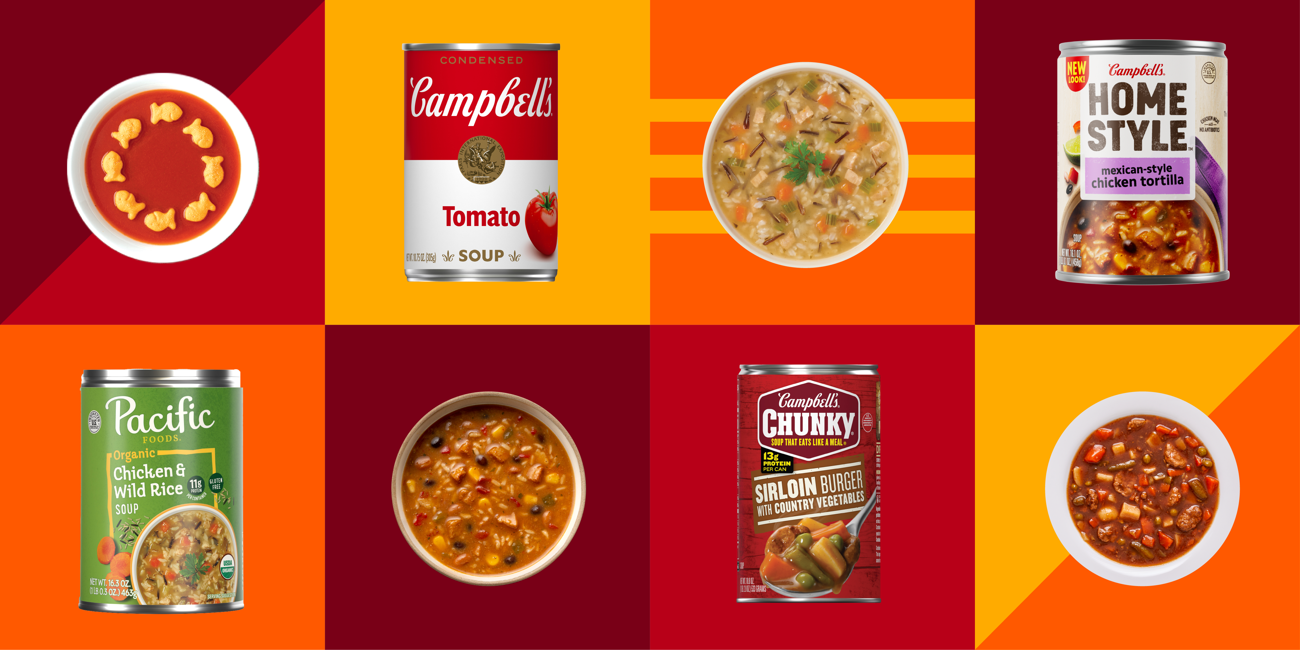 Image showcasing bowls of soup and cans of Campbell's soup brands, including Campbell's Tomato, Campbell's Home Style Mexican-style Chicken Tortilla, Pacific Foods Chicken & Wild Rice, and Campbell's Chunky Sirloin Burger with Country Vegetables