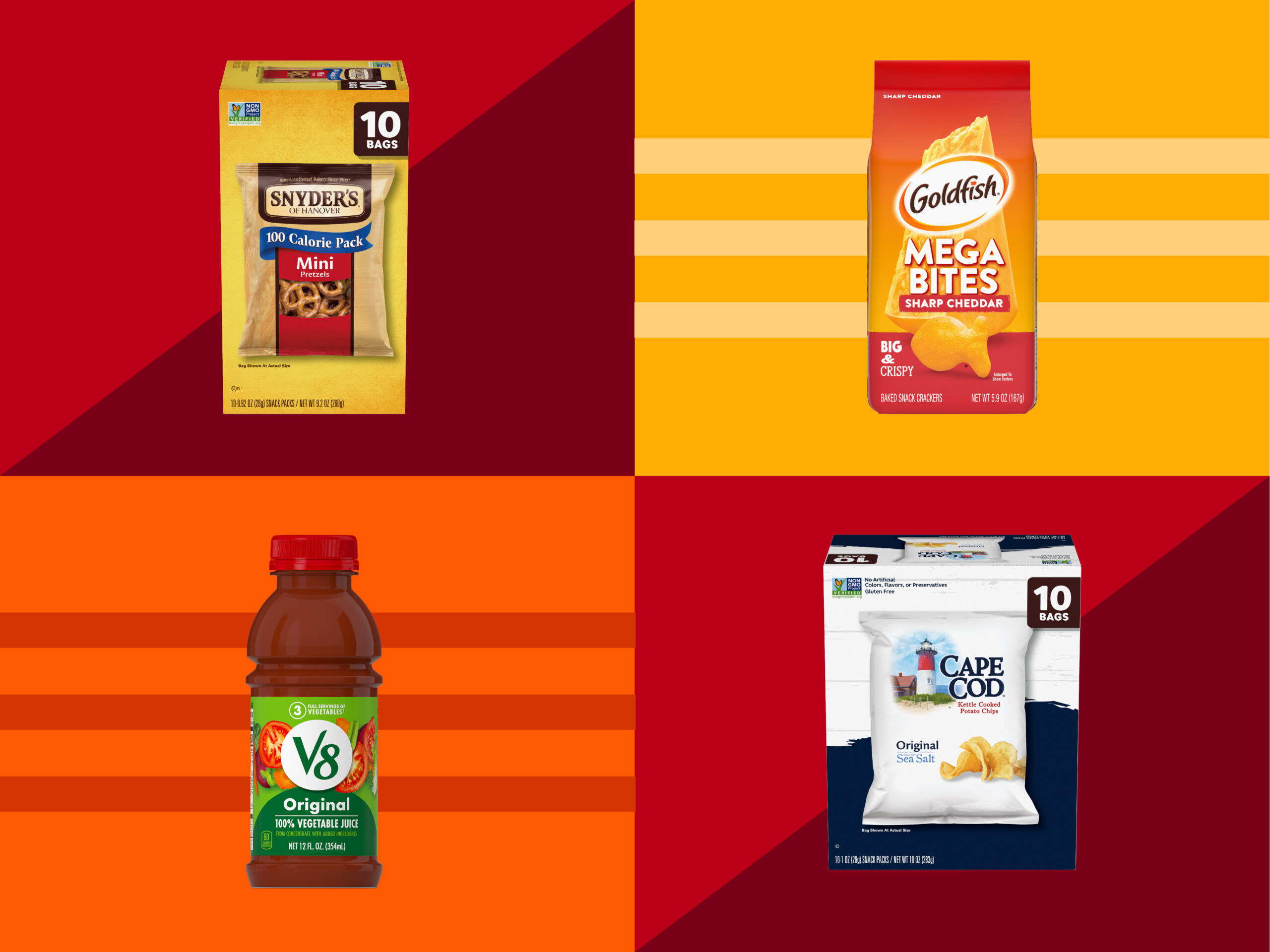 Snyder's of Hanover, Goldfish Megabites, V8 juice, Cape Cod chips